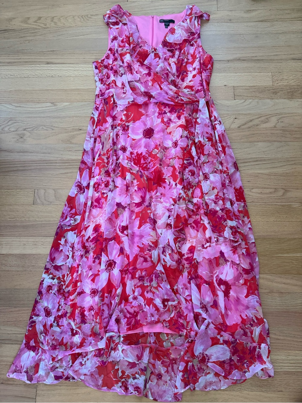 Maggy London Faux Wrap Floral Maxi Dress Pink Red Ruffle High-Low Sleeveless 14